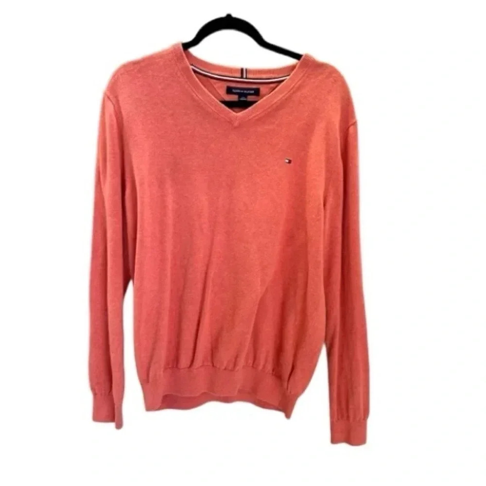 Tommy Hilfiger Long Sleeve V-Neck Cotton Sweater with Front chest Logo Sz L GUC